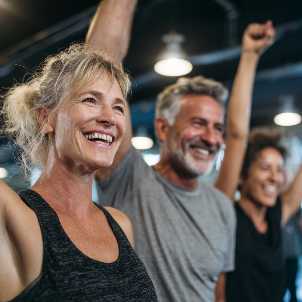group of mature adults celebrating their fitness achievements together in modern gym environment