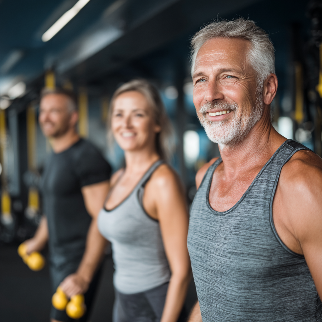 mature adults exercising with professional trainer in modern fitness studio