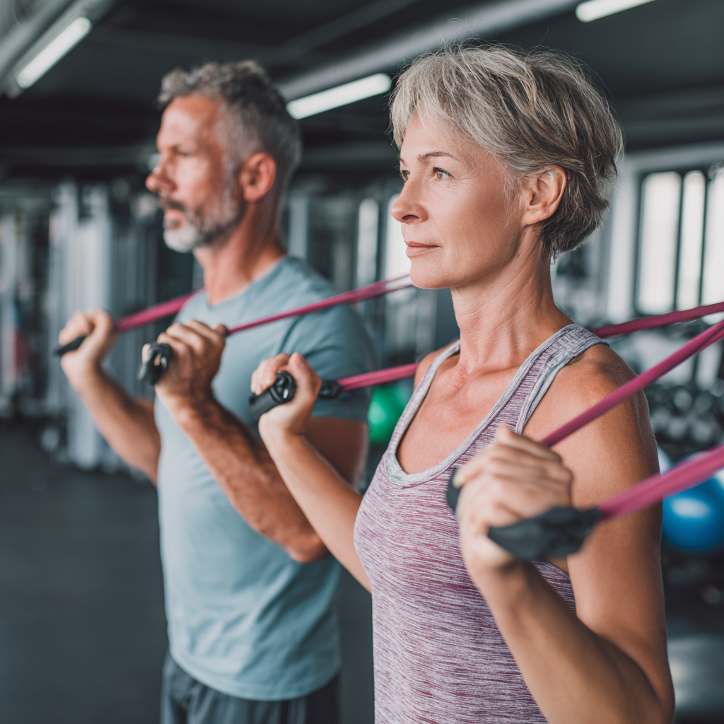 middle-aged couple doing functional training exercises with resistance bands in bright fitness center